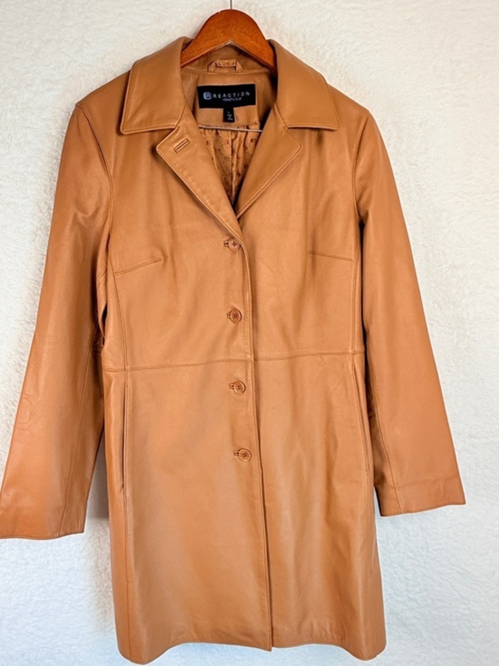 Kenneth Cole Reaction Tan 100% Leather Car Coat Jacket womens Large